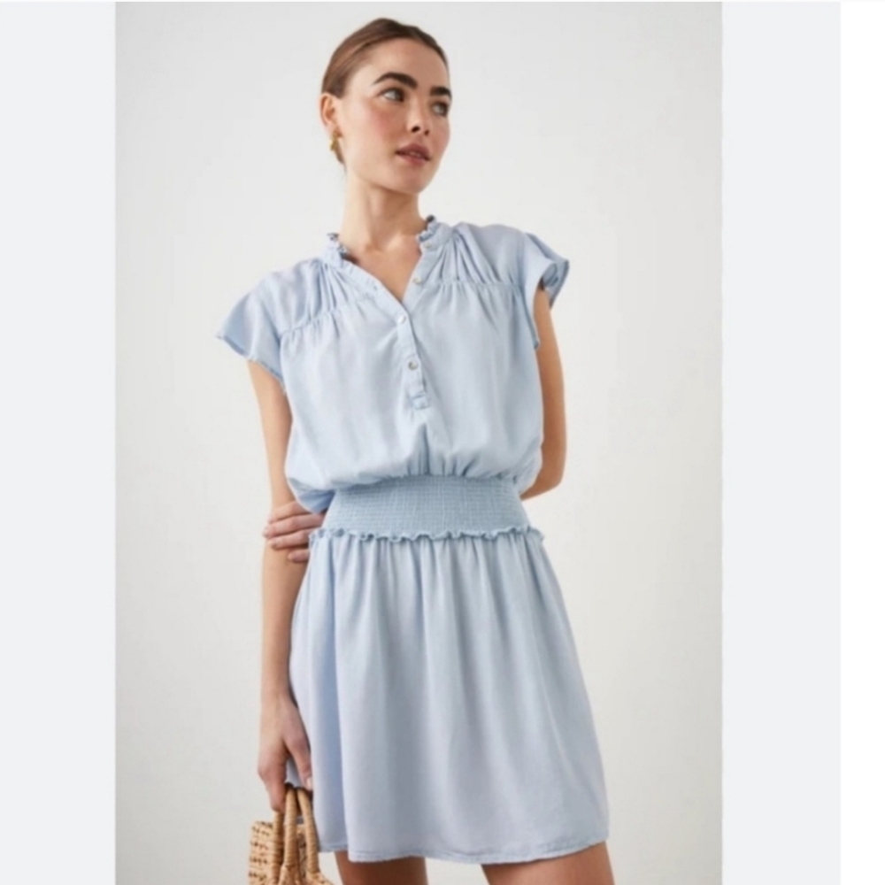 Rails Amina Smocked Light Blue Chambray‎ Denim Mini Dress Large